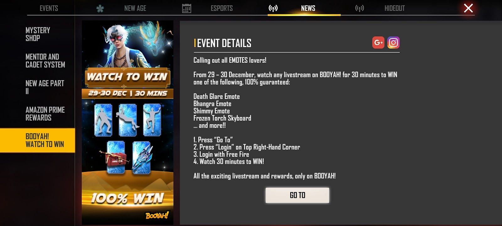 Watching Free Fire content on the &quot;Booyah!&quot; App allows players to acquire free rewards (Image via Garena)
