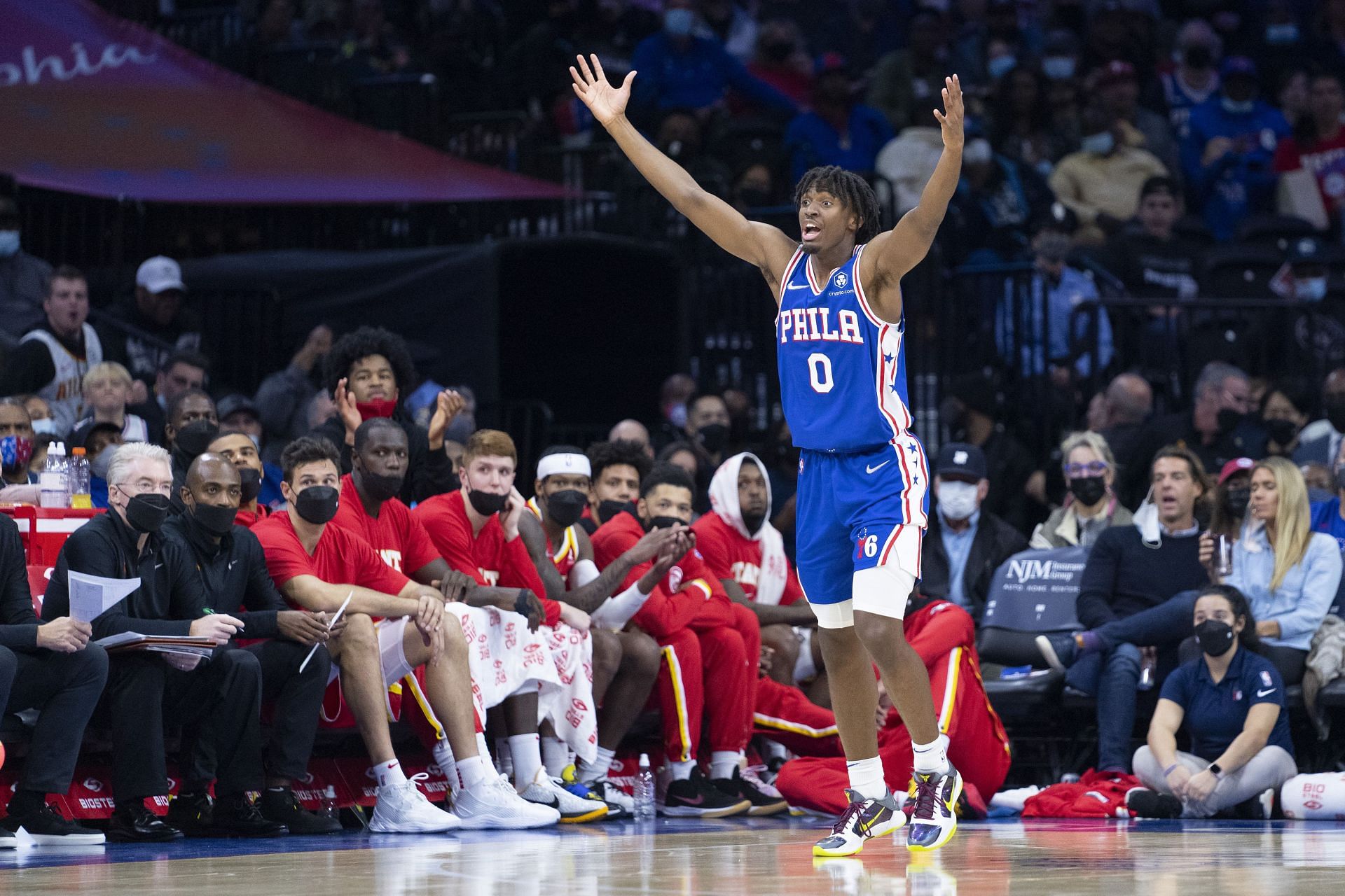 Philadelphia 76ers&#039; Tyrese Maxey reacts to a play against the Atlanta Hawks.