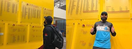 One day after checking Wankhede's honors board, Ajaz Patel poses with his name on it following Day 2 of India vs New Zealand Test