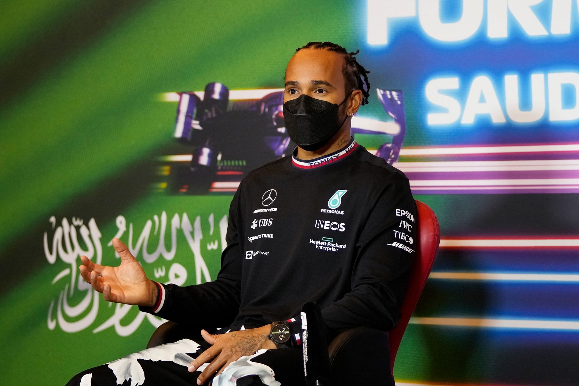 Lewis Hamilton talks in the Drivers Press Conference during previews ahead of the 2021 Saudi Arabian GP. (Photo by Hassan Ammar - Pool/Getty Images)