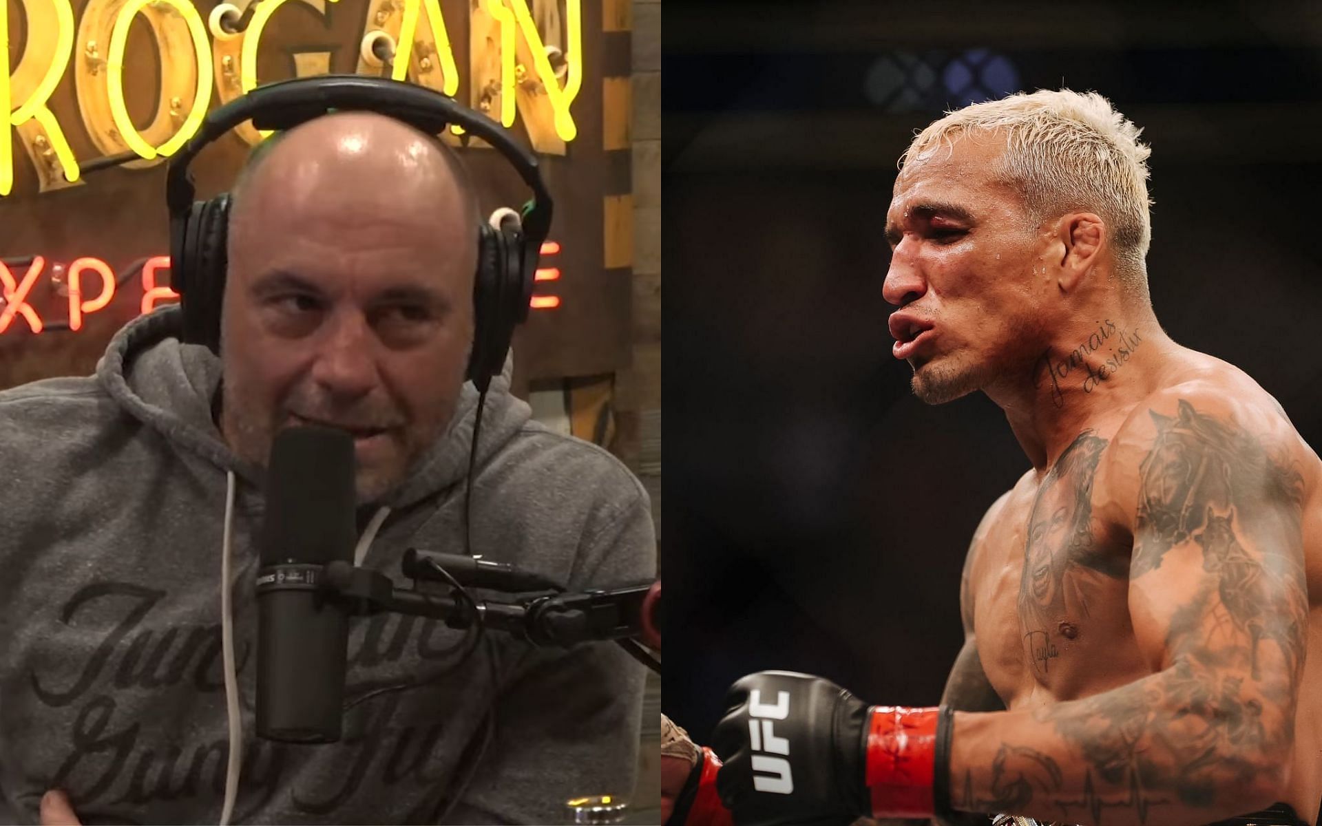 Joe Rogan (left) via. Youtube/PowerfulJRE; Charles Oliveira (right)