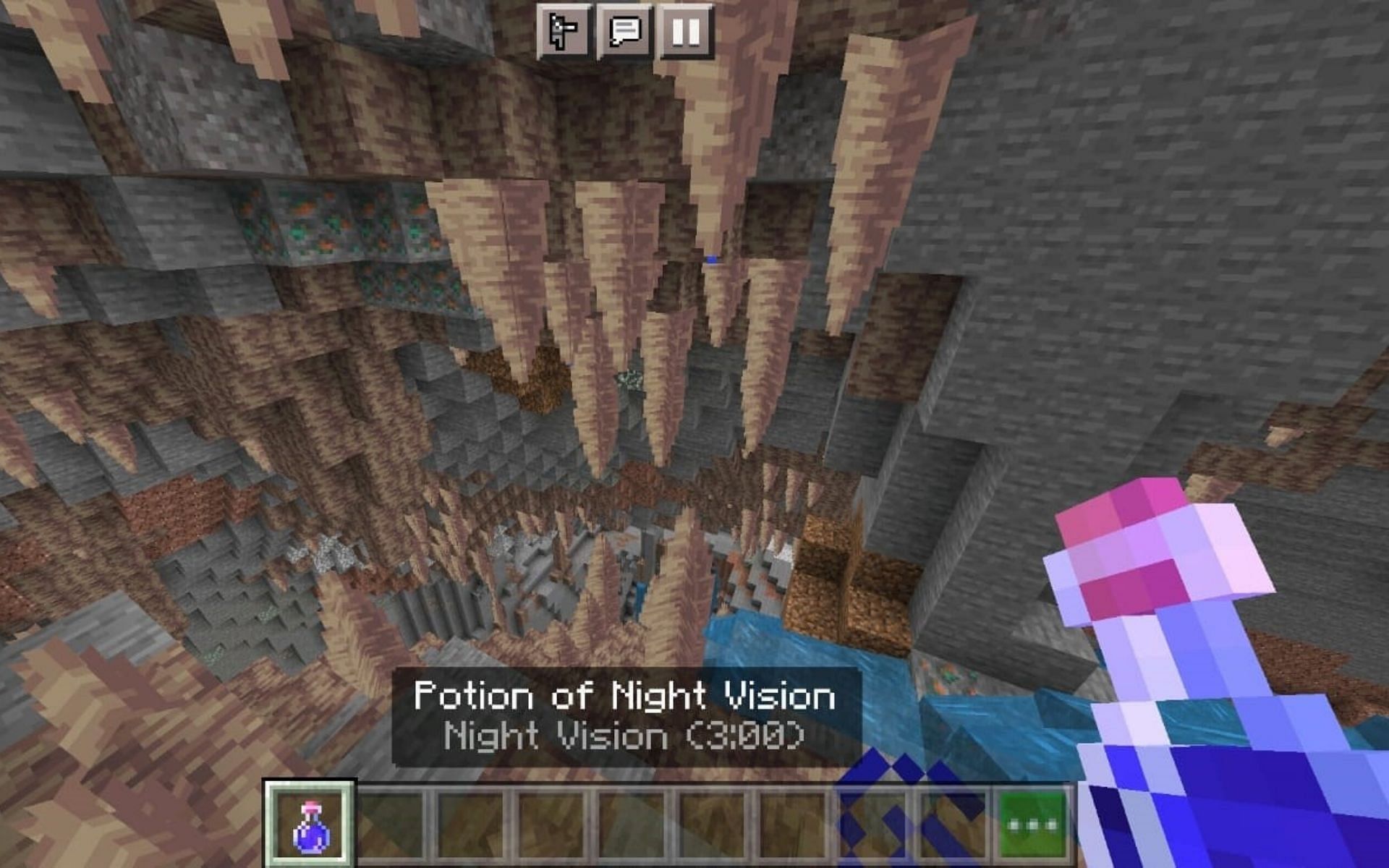 Dripstone Cave view after consuming Night Vision potion (Image via Minecraft)