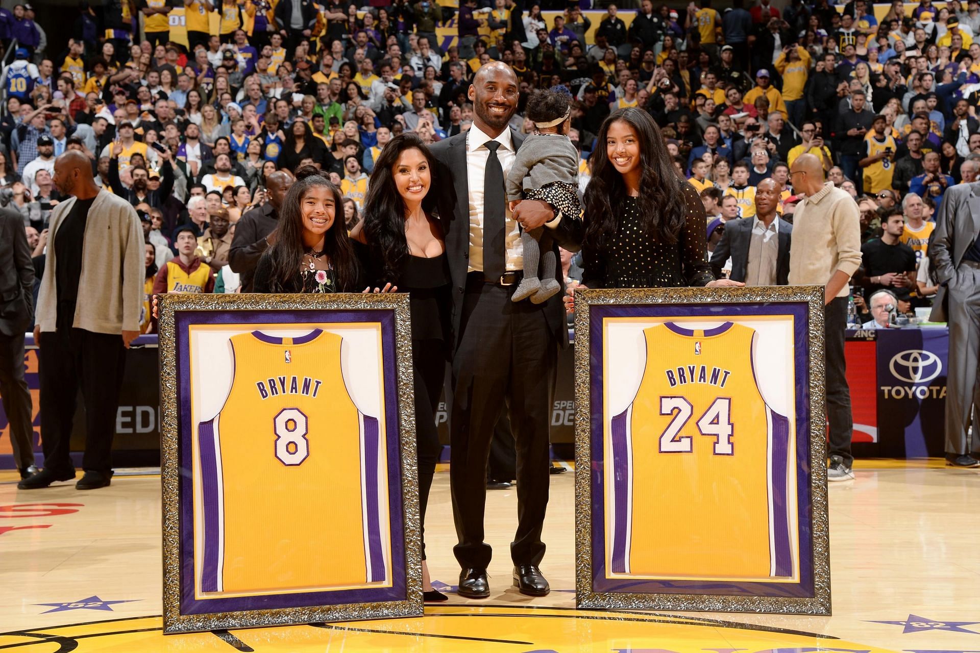 The late Kobe Bryant&#039;s Nos.8 and 24 jerseys were honored by the LA Lakers four years ago today. [Photo: Bleacher Report]