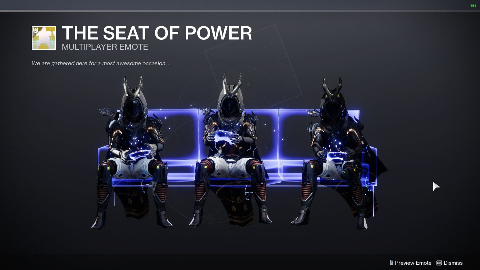 The Seat of Power exotic emote (Image via Destiny 2)