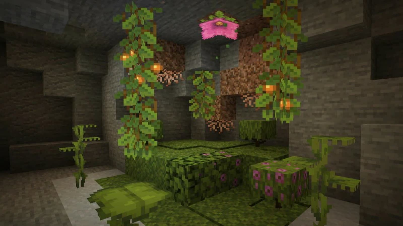 Small dripleaves are commonly visible in Lush caves (Image via Minecraft)