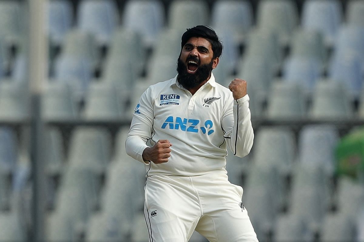 Ajaz Patel celebrates one of his ten scalps. Pic: ICC