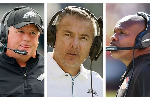 Former NFL head coaches Chip Kelly, Urban Meyer and Hue Jackson