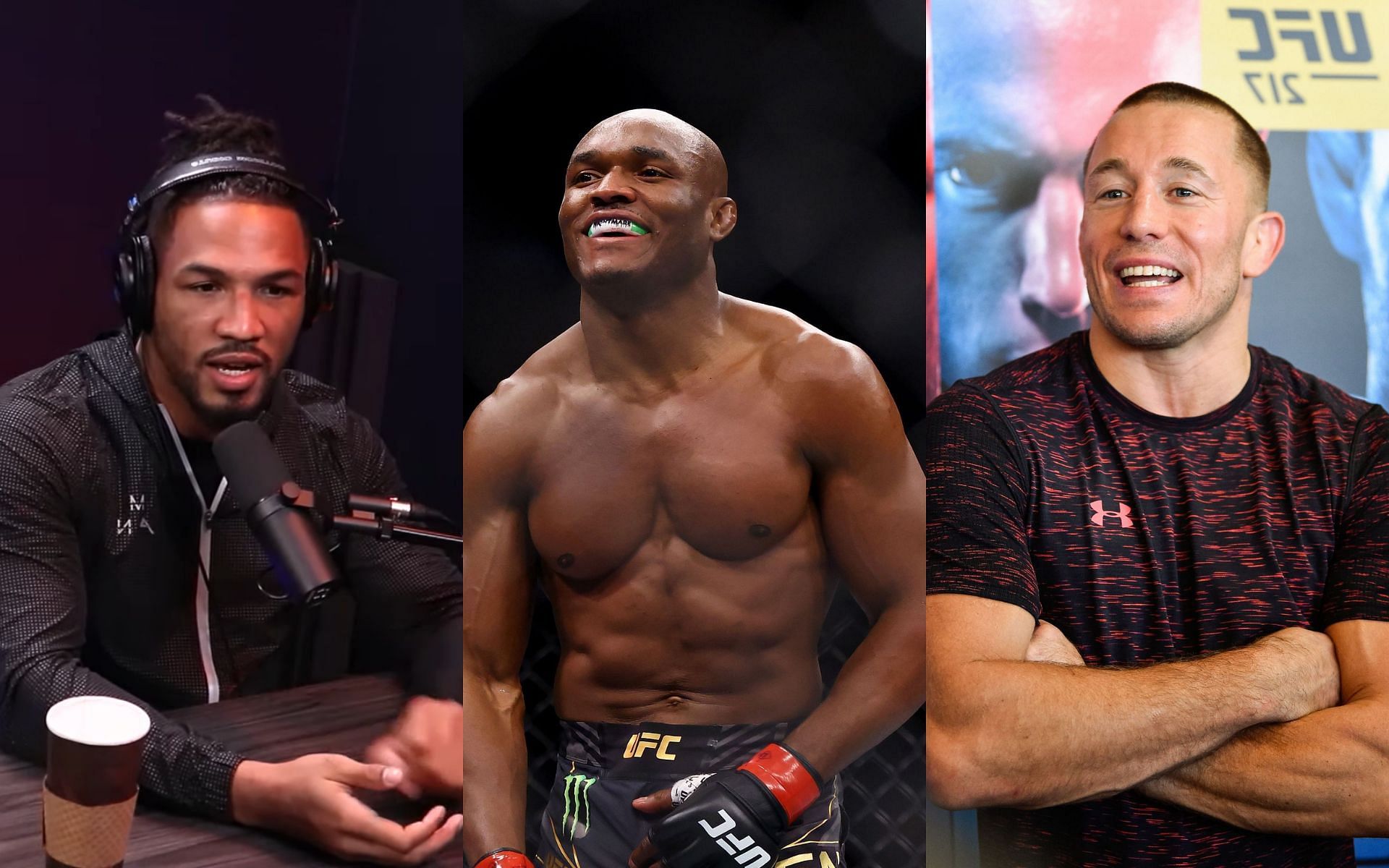 Kevin Lee (left) via youtube/TheSchmozonePodcast; Kamaru Usman (centre); Georges St-Pierre (right)