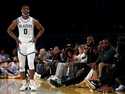 LeBron James watching his son Bronny James at Staples Center