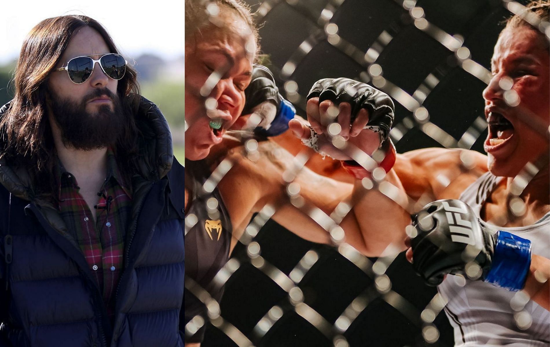 Jared Leto (left), Amanda Nunes and Julianna Pena (right) [Image credits: Getty]