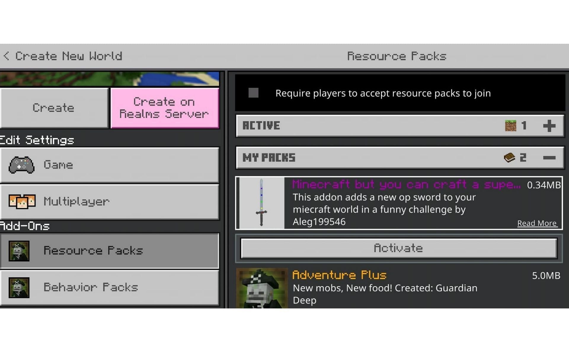 Activate both the Resource Pack and Behavior Pack (Image via Minecraft)