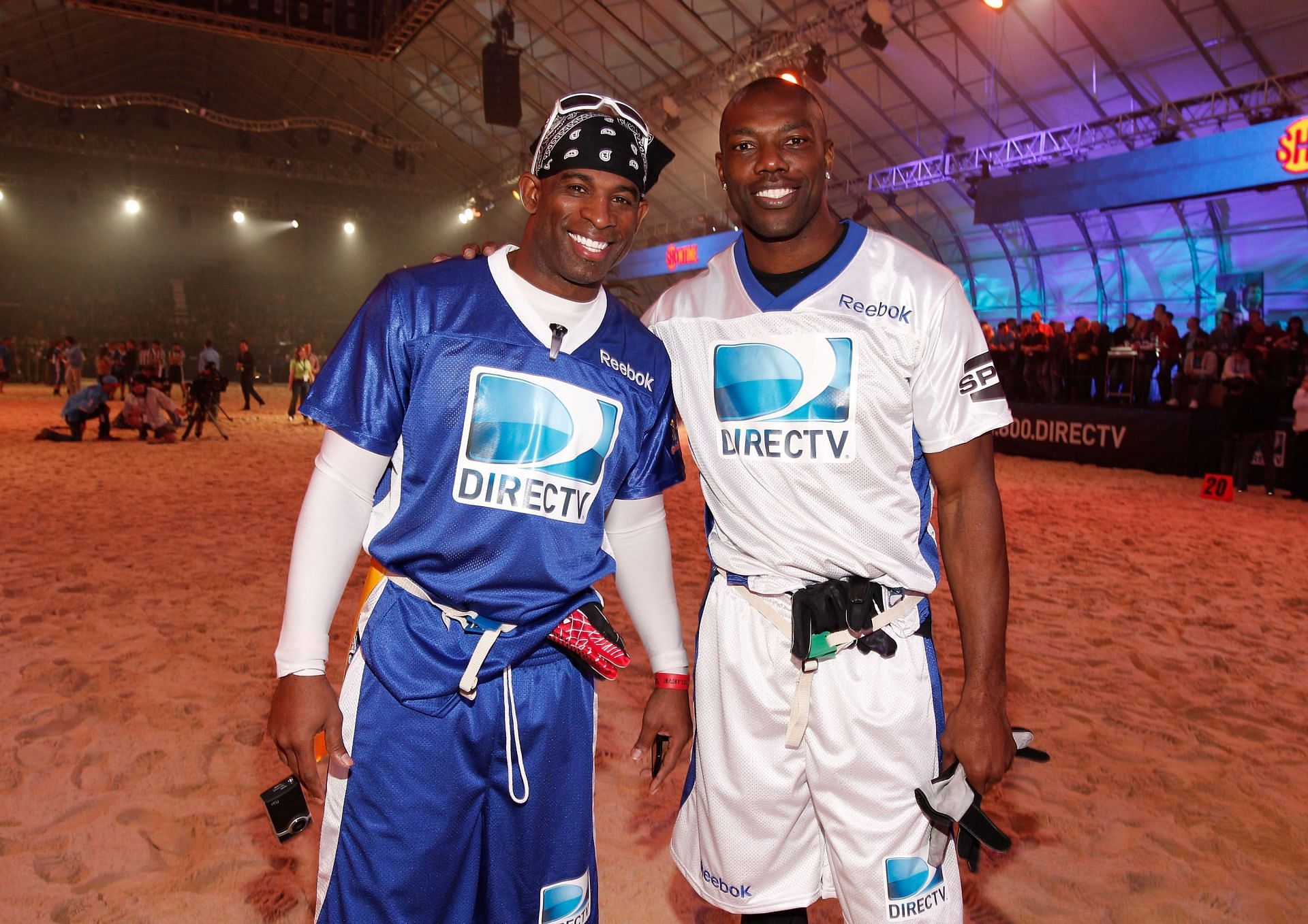 Deion Sanders (left) and Terrell Owens at DIRECTV&#039;s Sixth Annual Celebrity Beach Bowl Game