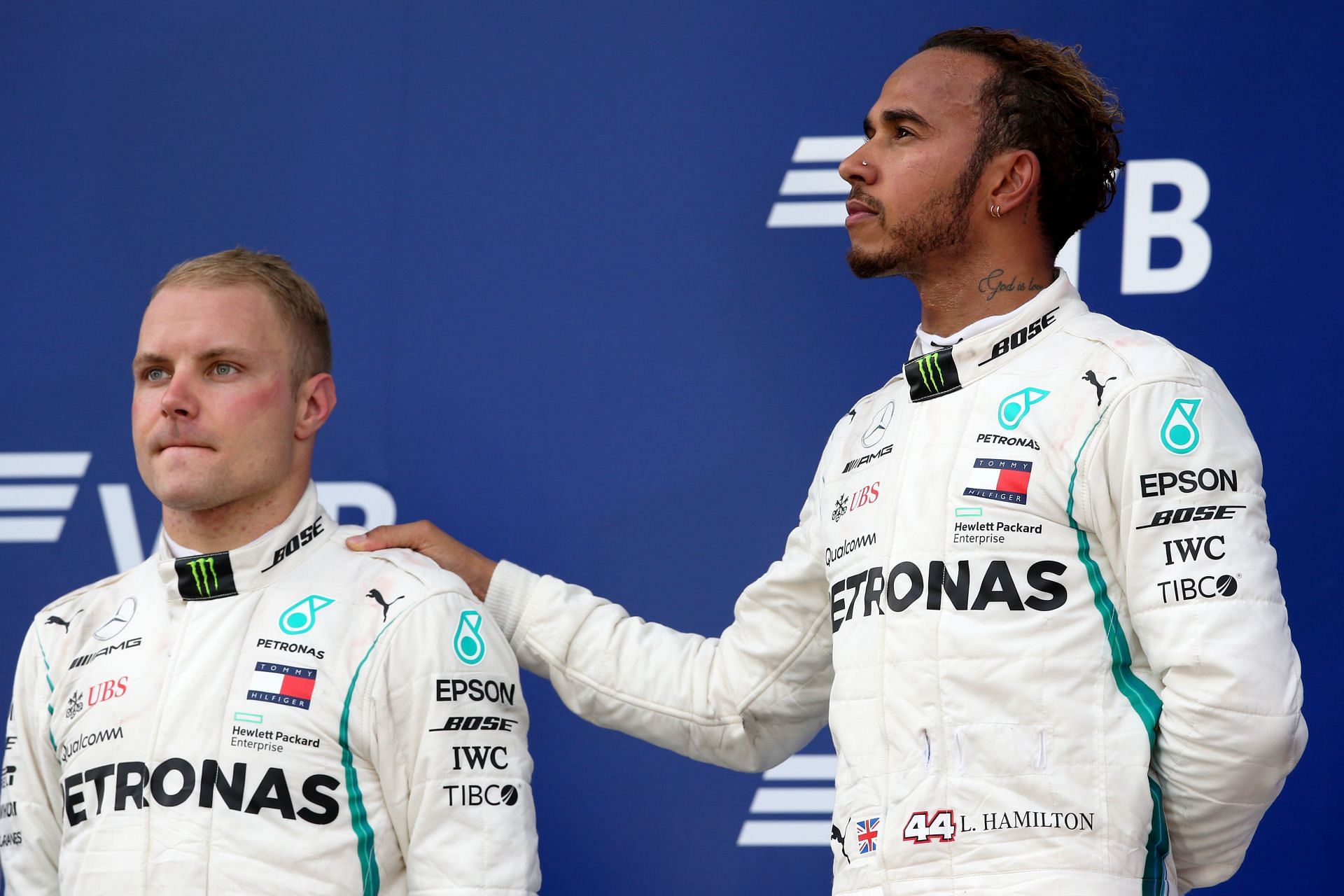 Obeying team orders, Valtteri Bottas (left) allowed teammate Lewis Hamilton (right) to win the 2018 Russian Grand Prix