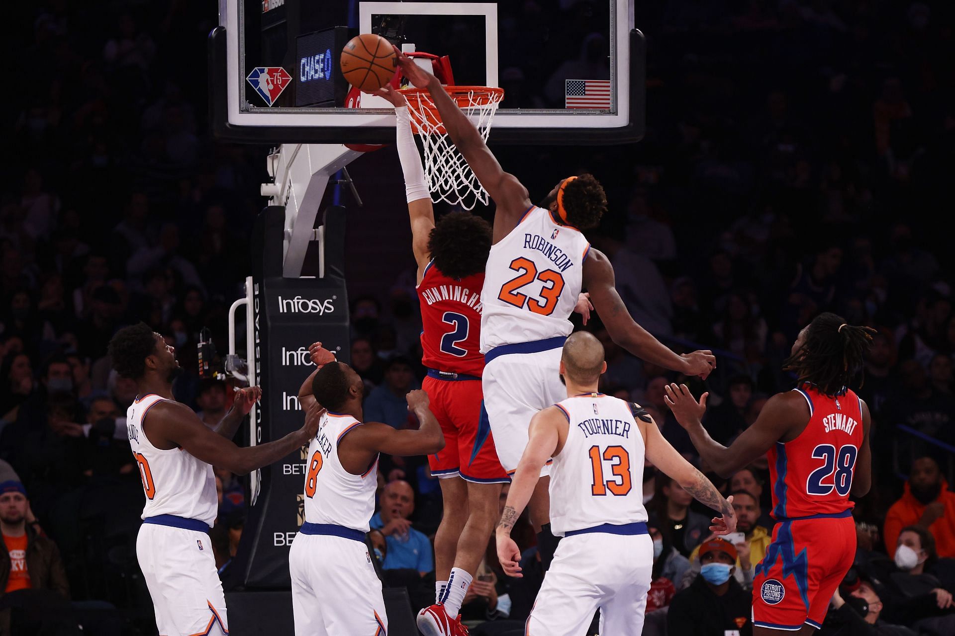 Cade Cunningham of the Detroit Pistons challenges Mitchell Robinson of the New York Knicks at the rim