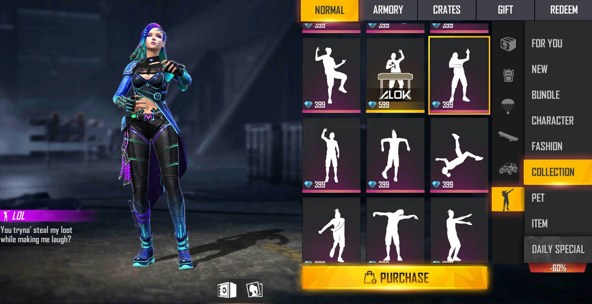 Select the emote and then press the &#039;Purchase&#039; button (Image via Free Fire)