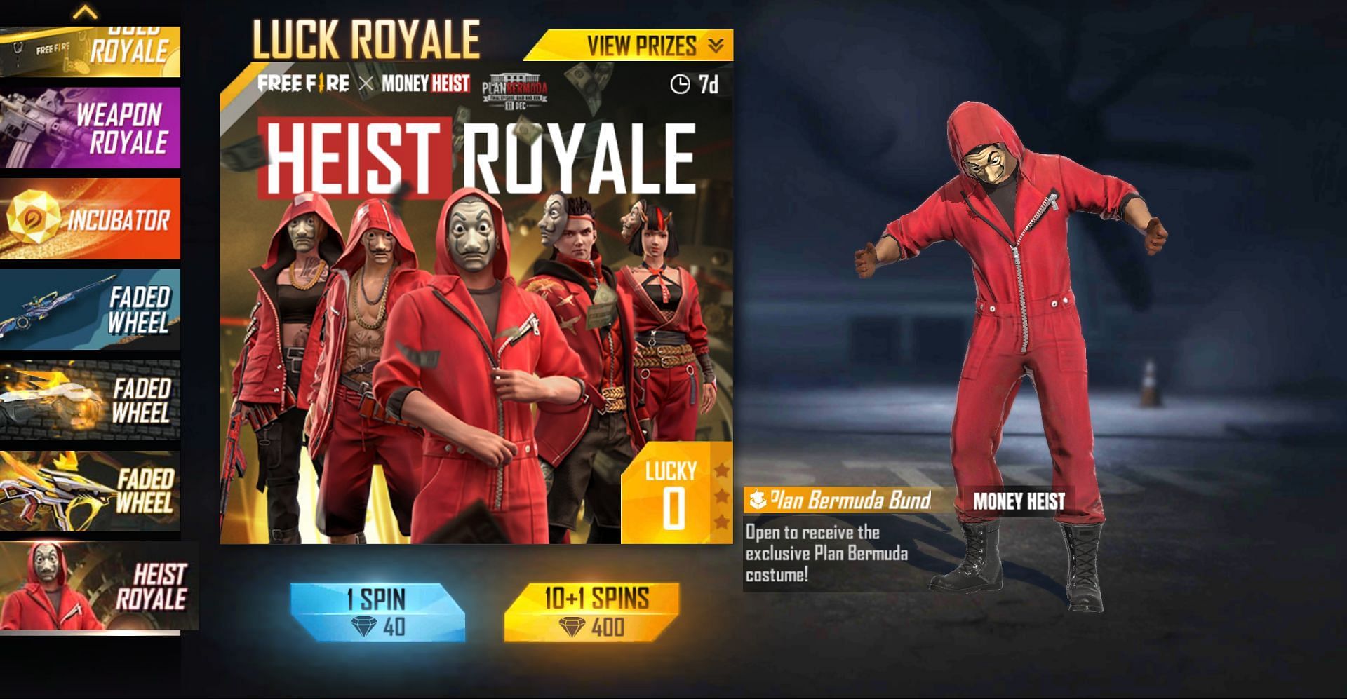 Heist Royale will require 40 diamonds for a single spin (Image via Free Fire)