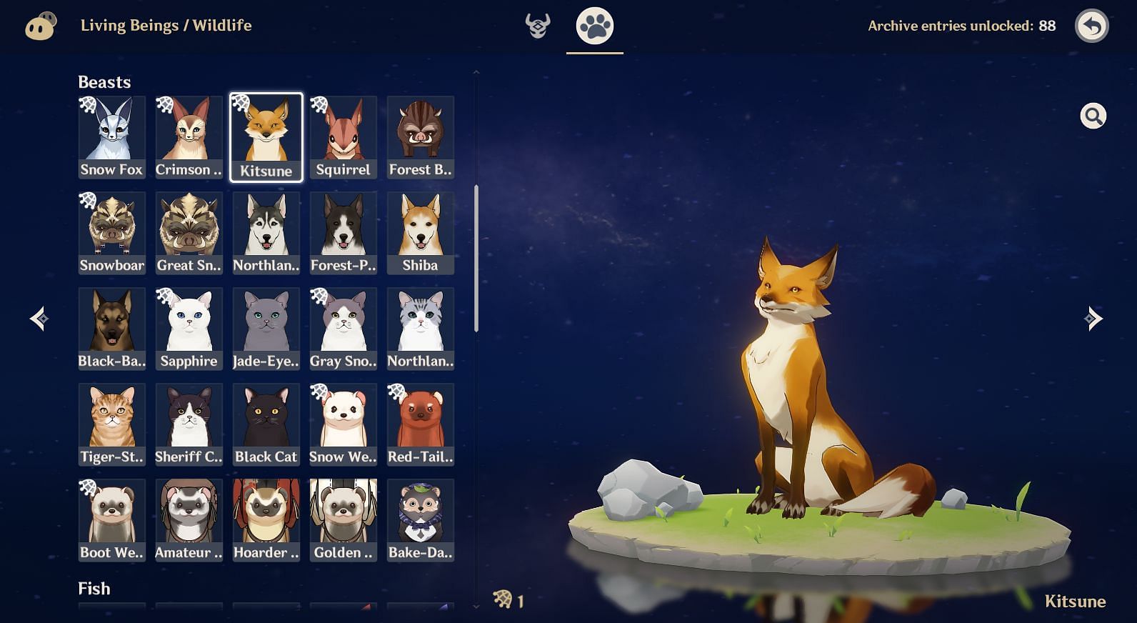 Capturable animals can be spotted in the Archive by the net icon (Image via Genshin Impact)