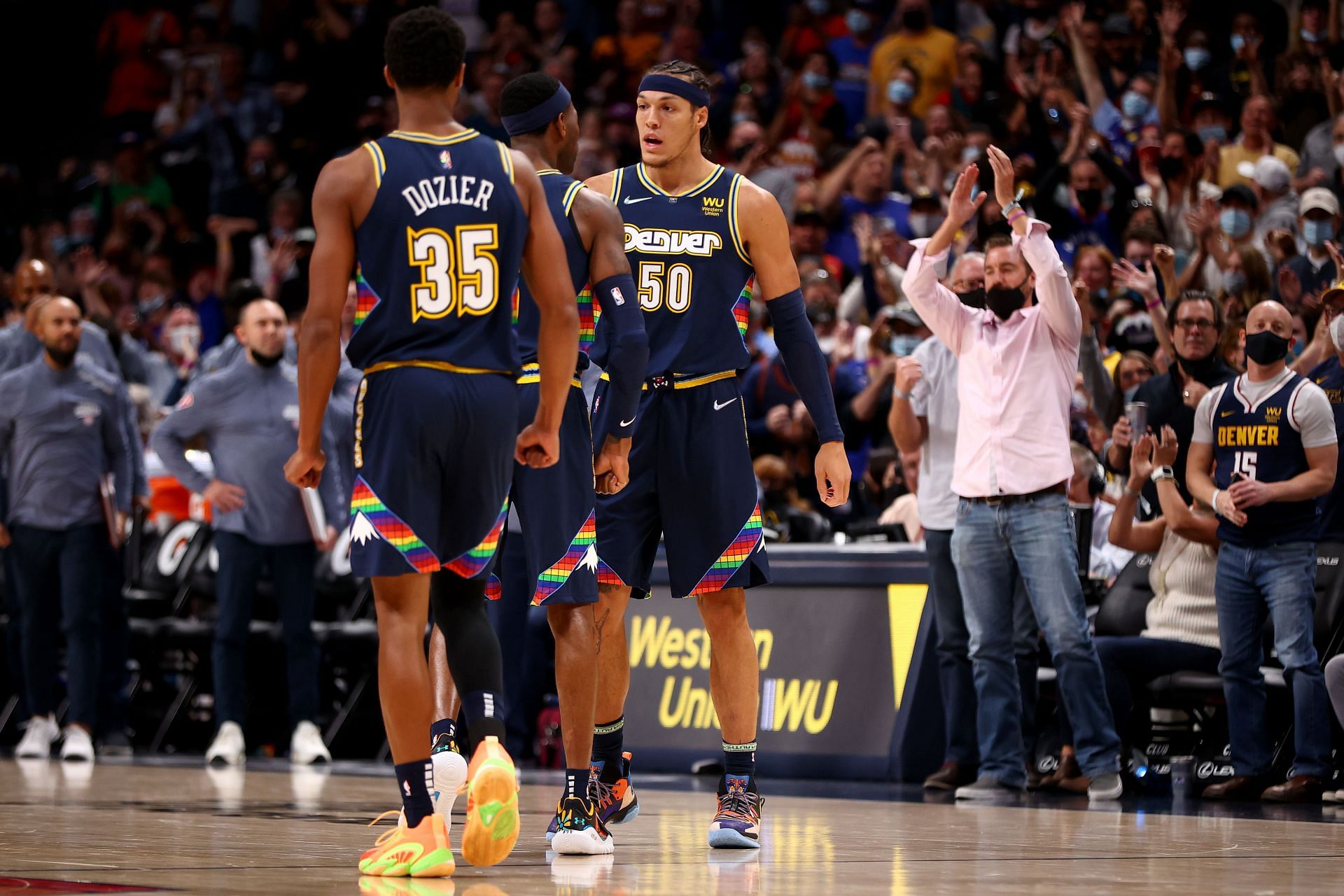 Denver Nuggets celebrate a clutch three-pointer by Aaron Gordon