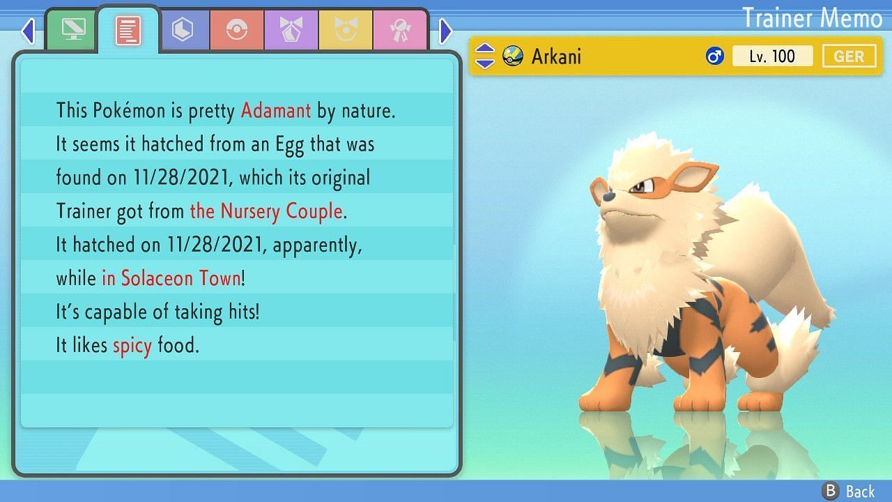 An Arcanine with Adamant Nature in BDSP. (Image via ILCA)
