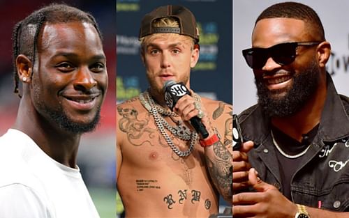 Le’Veon Bell (left); Jake Paul (center); Tyron Woodley (right)