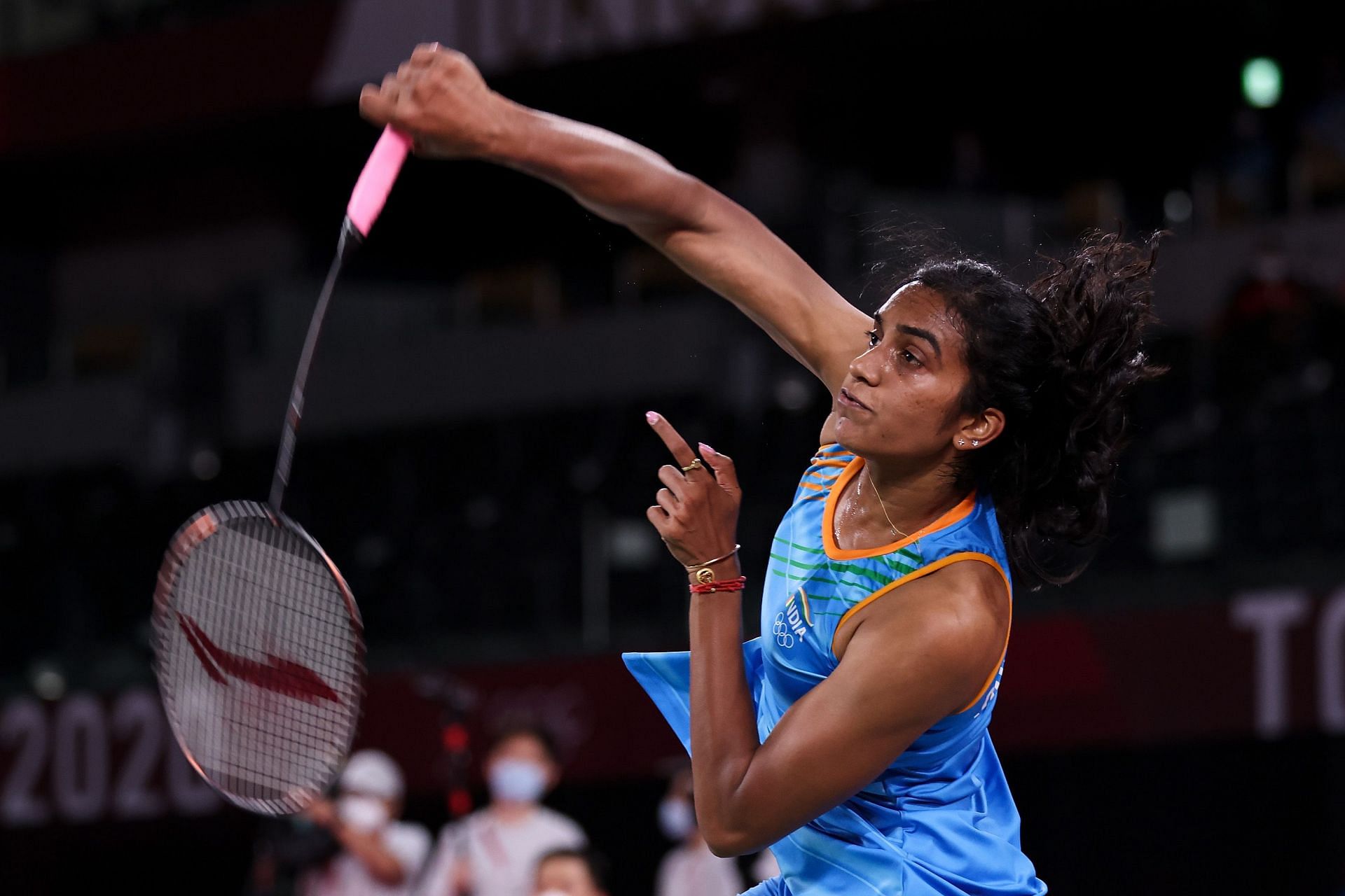PV Sindhu in action at the Tokyo Olympics.