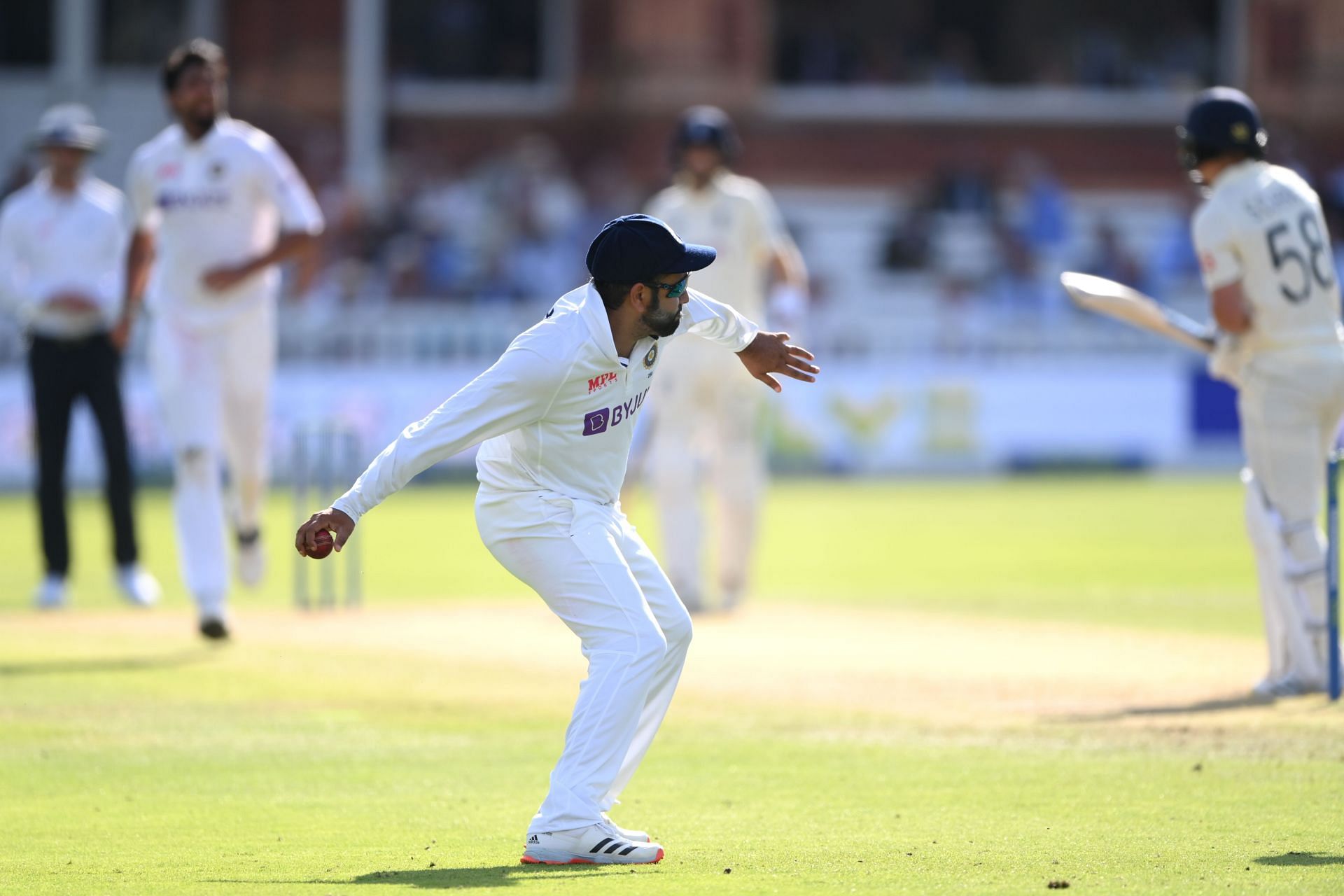 Rohit Sharma celebrates after taking a catch in the slips during the Lord&rsquo;s Test. Pic: Getty Images