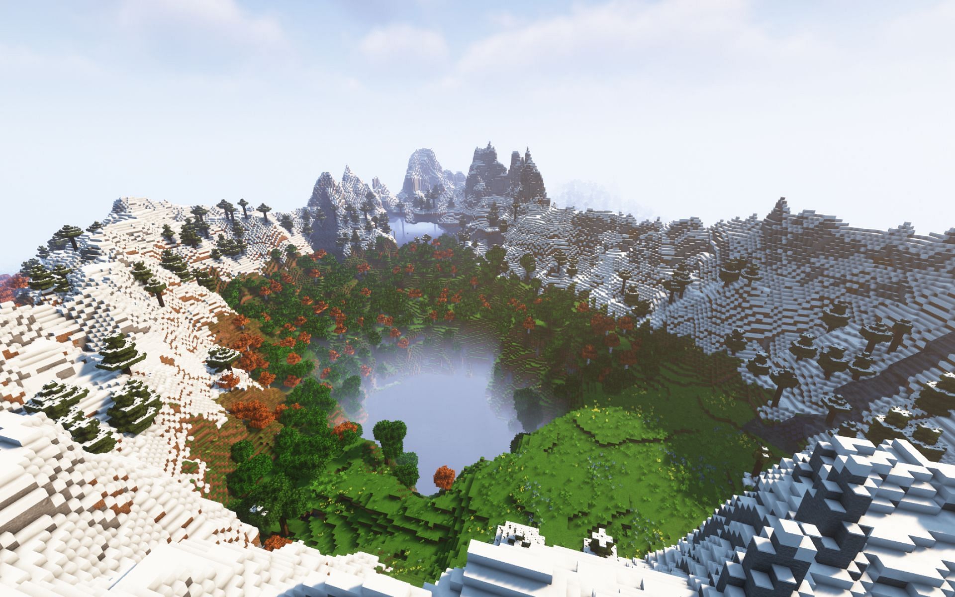 An image of a donut-shaped mountain range in Minecraft. (Image via u/Zero_CTRL on Reddit)
