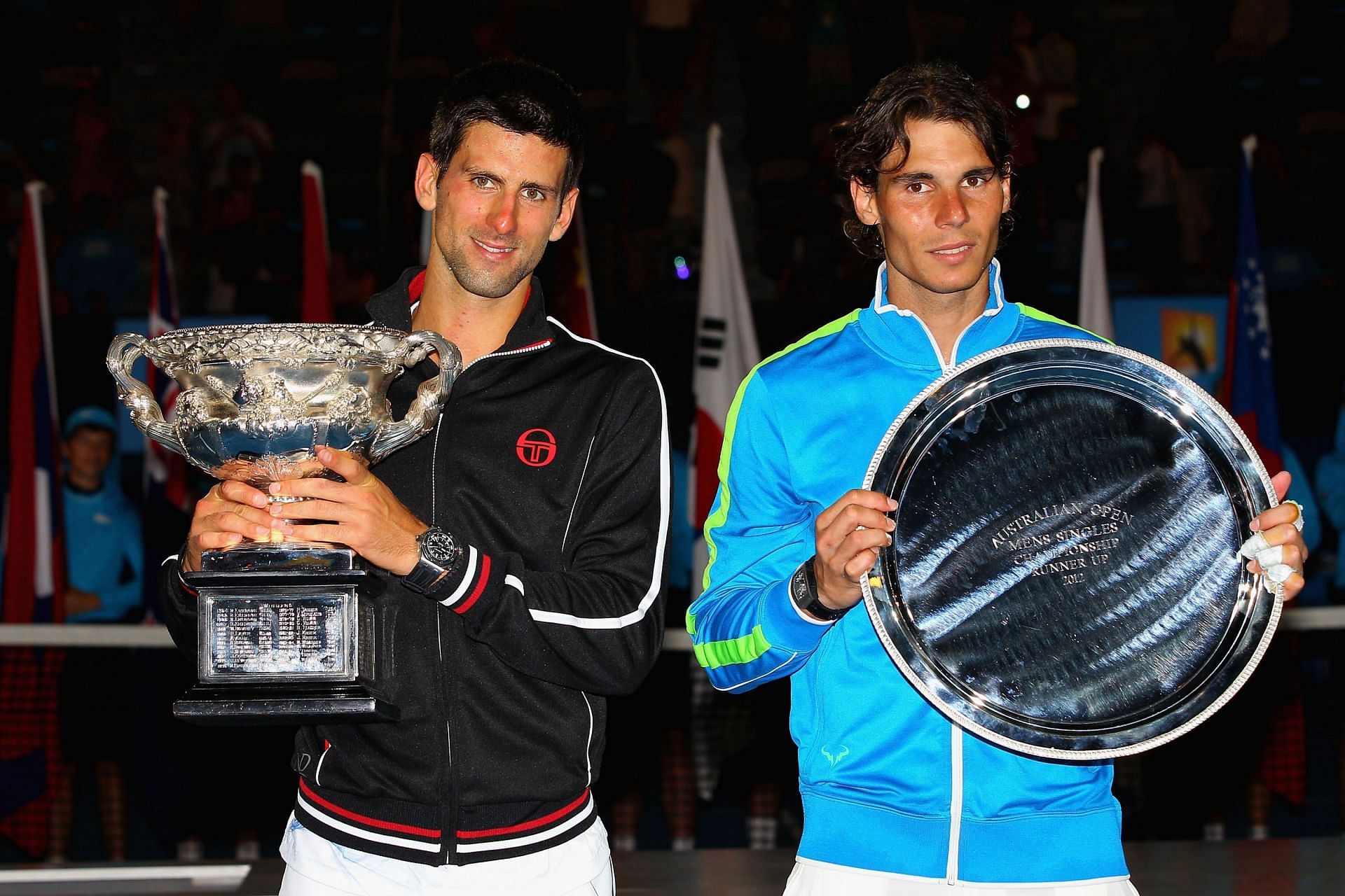 Novak Djokovic and Rafael Nadal at the 2012 Australian Open.