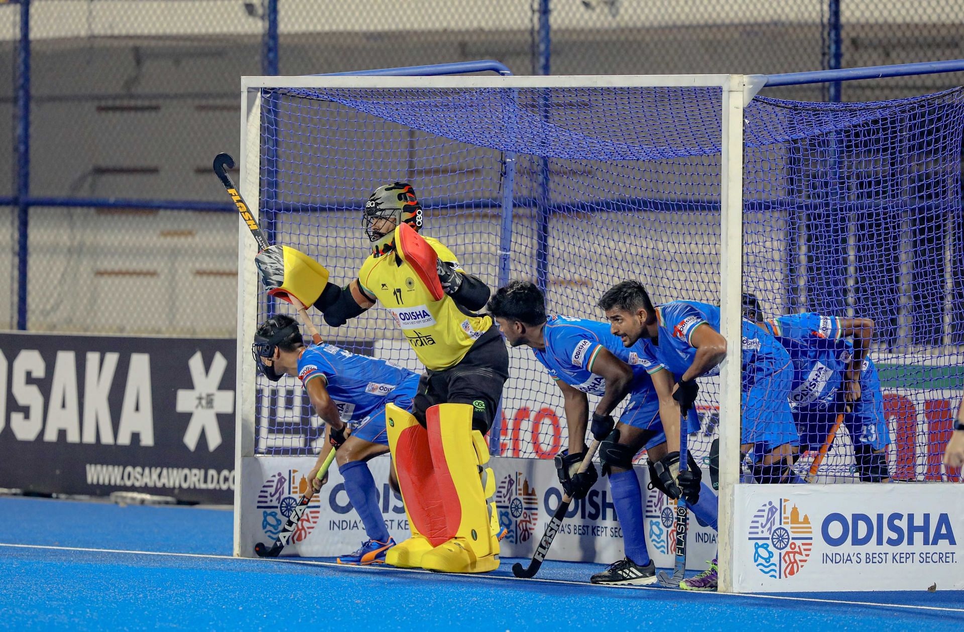 The Indian men&#039;s junior team defending during a penalty corner. (PC: Hockey India)