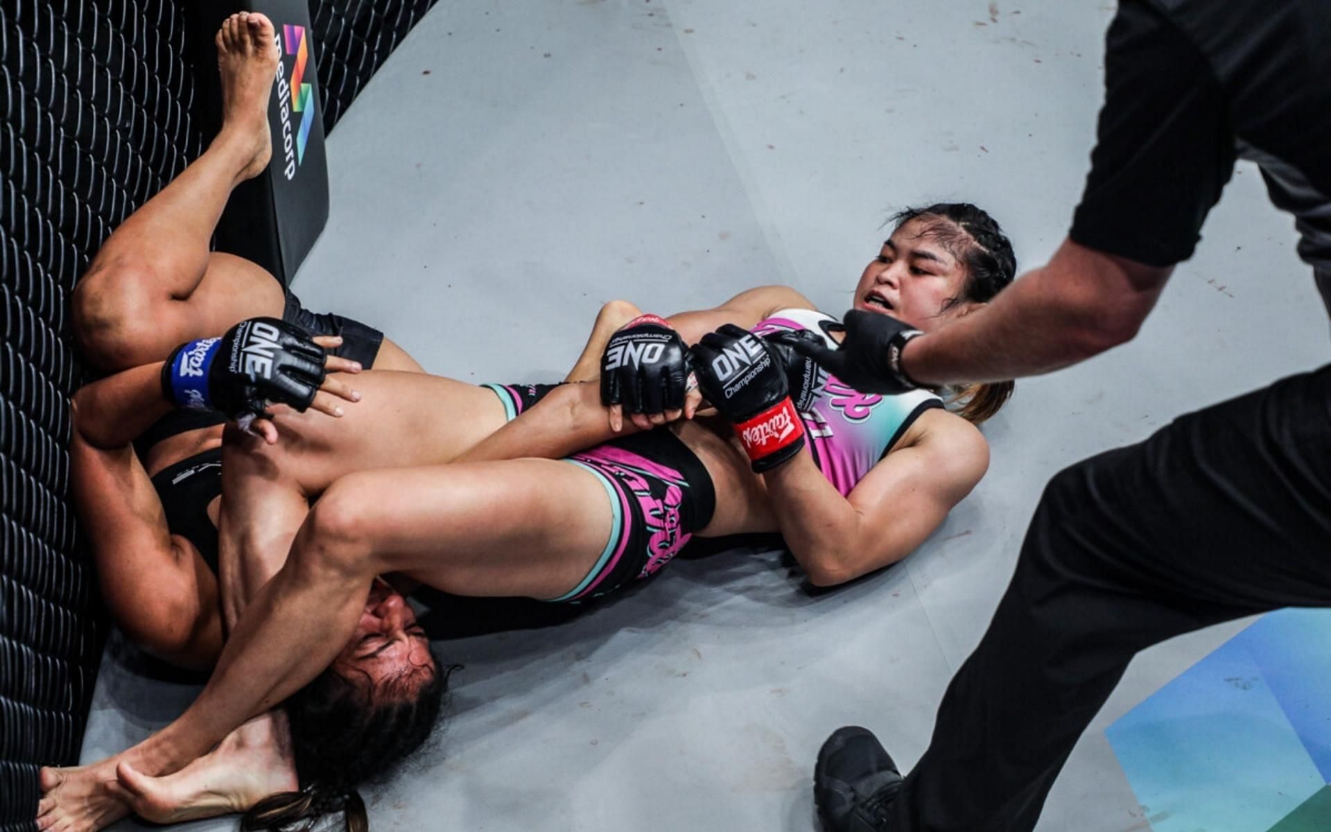 ONE Championship atomweight and Muay Thai phenom Stamp Fairtex shocked everyone when she submitted a gifted grappler in Ritu Phogat in December of 2021. (Image courtesy of ONE Championship)