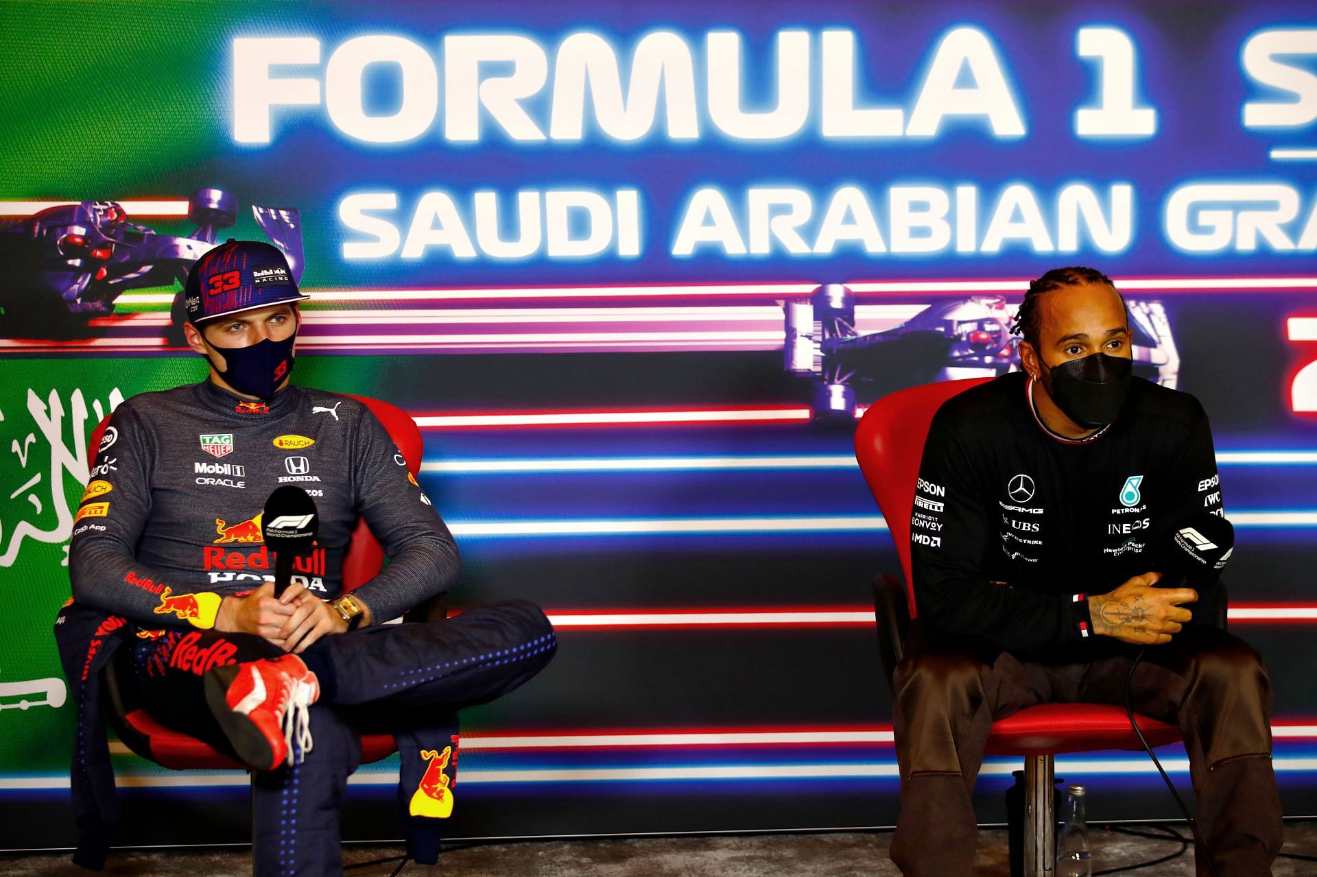 Max Verstappen (left) and Lewi Hamilton at the Saudi Arabia Grand Prix press conference