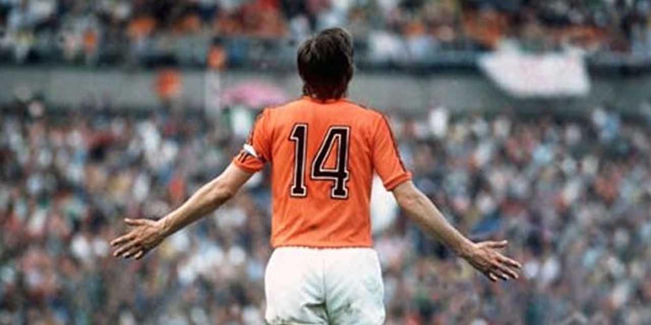 Johan Cruyff in action for the Netherlands in a game.