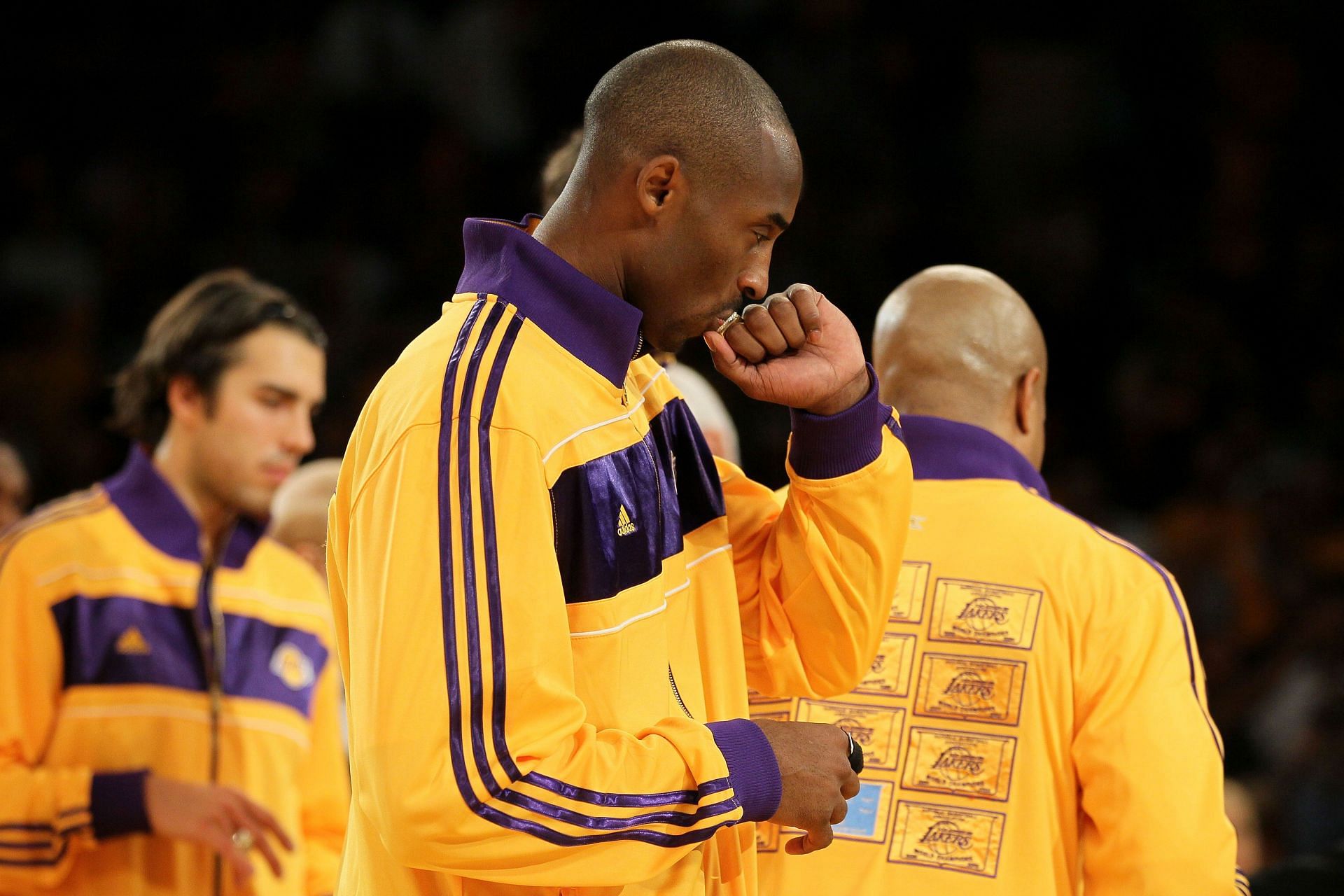 Kobe Bryant #24 of the Los Angeles Lakers kisses his 2009-2010 Championship Ring after the Lakers were given the rings during a ceremony prior to their opening night game against the Houston Rockets at Staples Center on October 26, 2010 in Los Angeles, California.