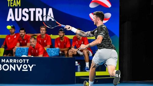 Dennis Novak hits a forehand at the ATP Cup