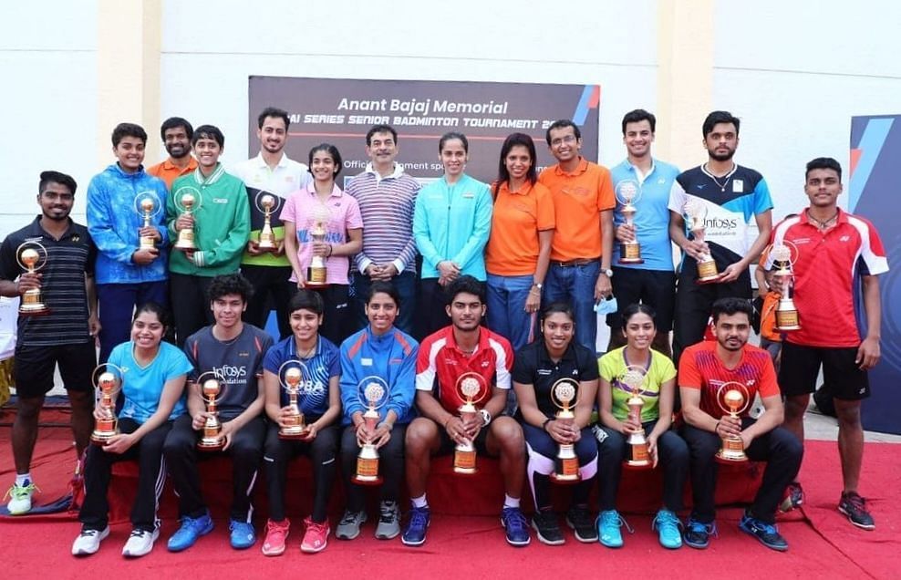 All the winners and runners-up of the BAI Series Senior Badminton tournament pose with their trophies in Hyderabad on Thursday.