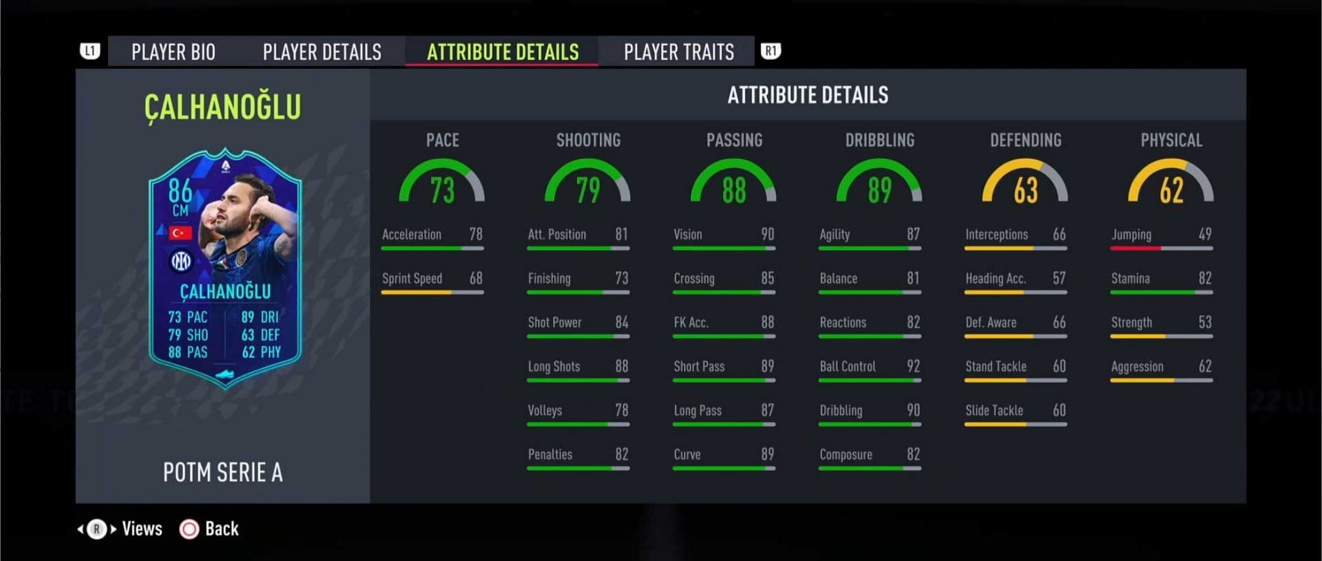 Hakan Calhanoglu POTM card stats (Image via FIFA 22)