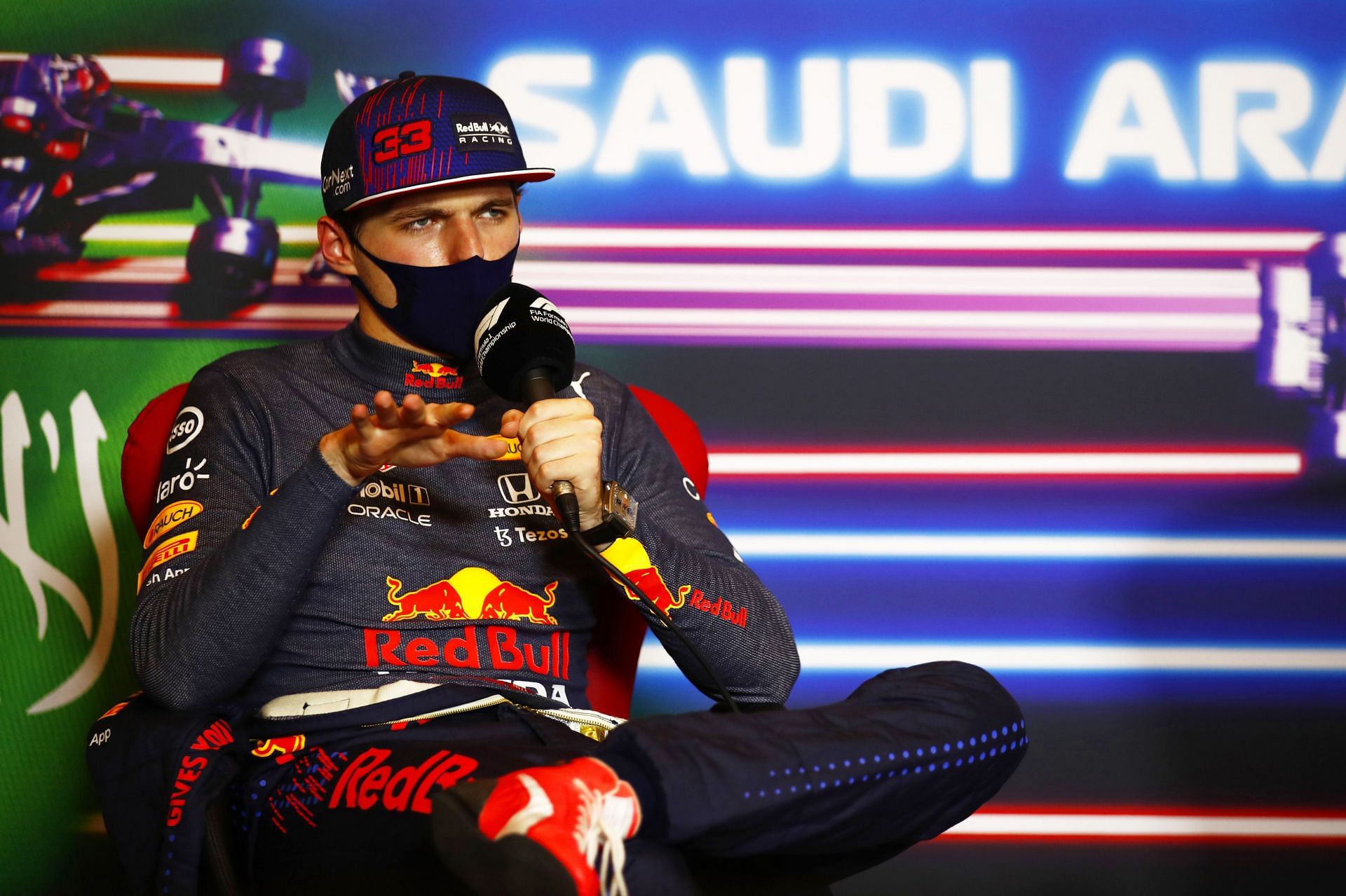 Max Verstappen talks in the press conference after the 2021 Saudi Arabian Grand Prix. (Photo by Sam Bloxham - Pool/Getty Images)
