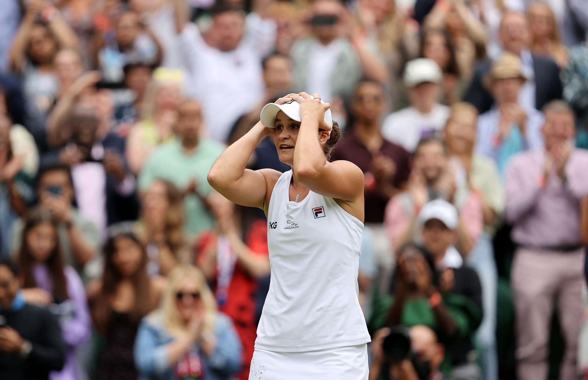 Ashleigh Barty reacts after winning Wimbledon 2021