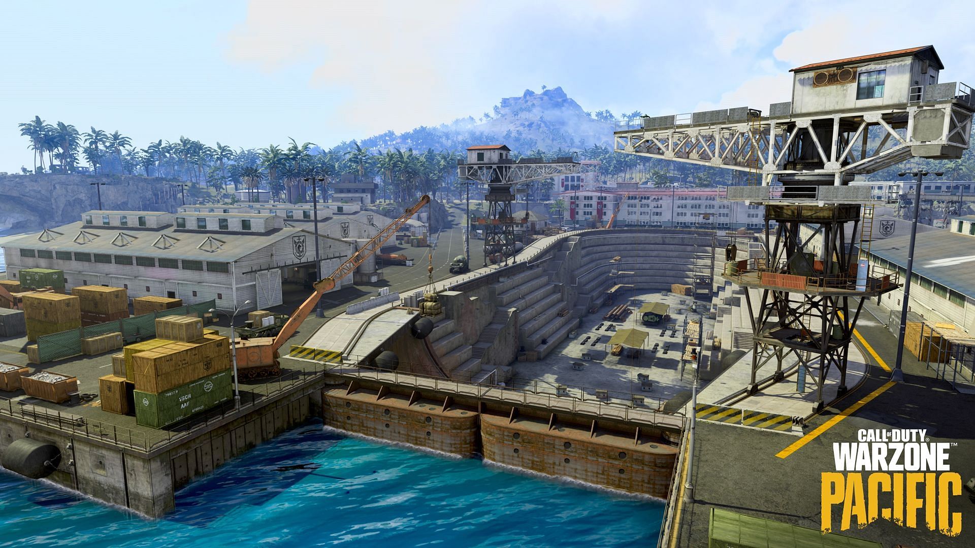 The naval arsenal area in Call of Duty: Warzone&#039;s new map Caldera (image via Raven Software)