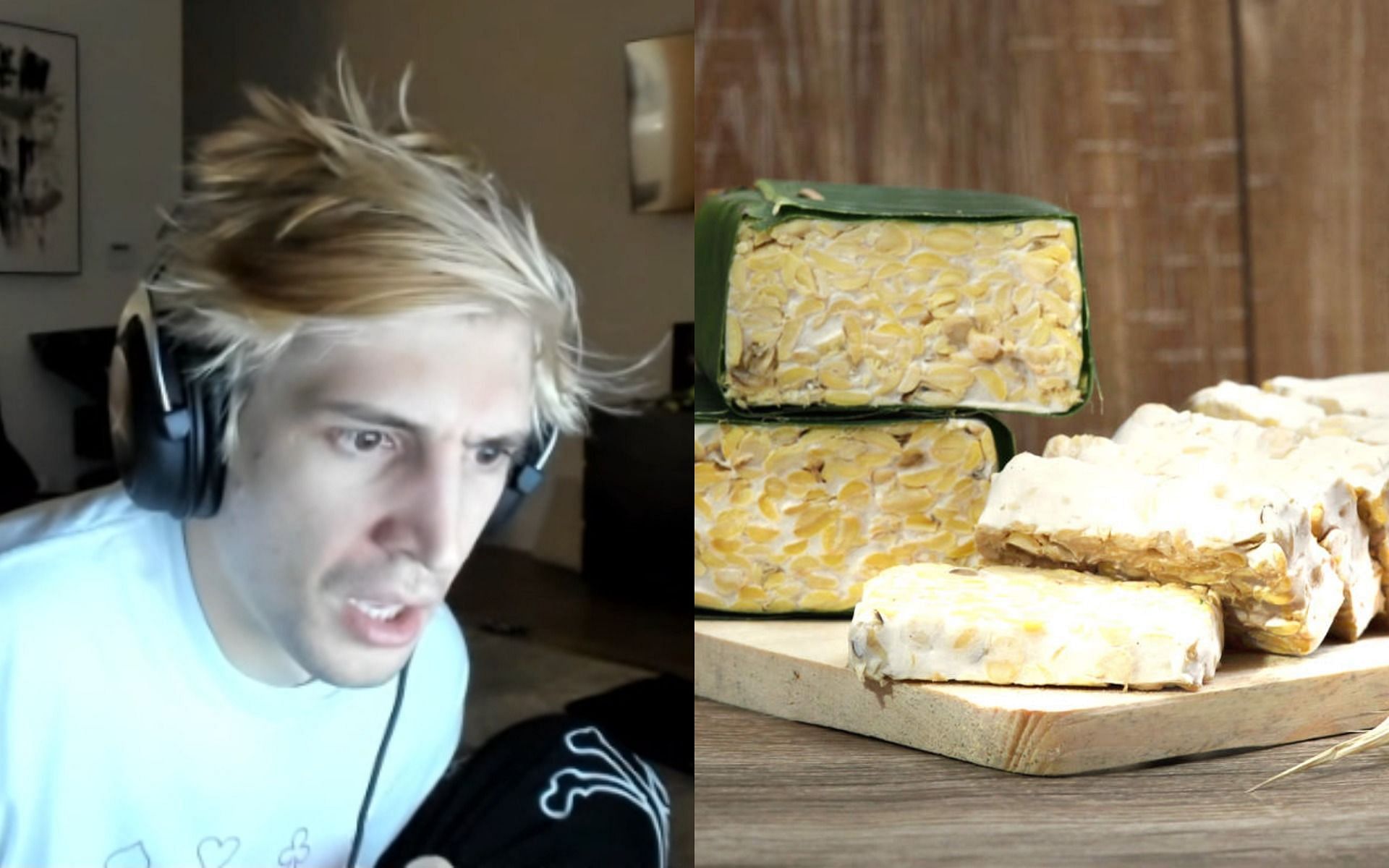 xQc comes across tempeh for the first time (Images via Twitch/xQc, Economic Times)