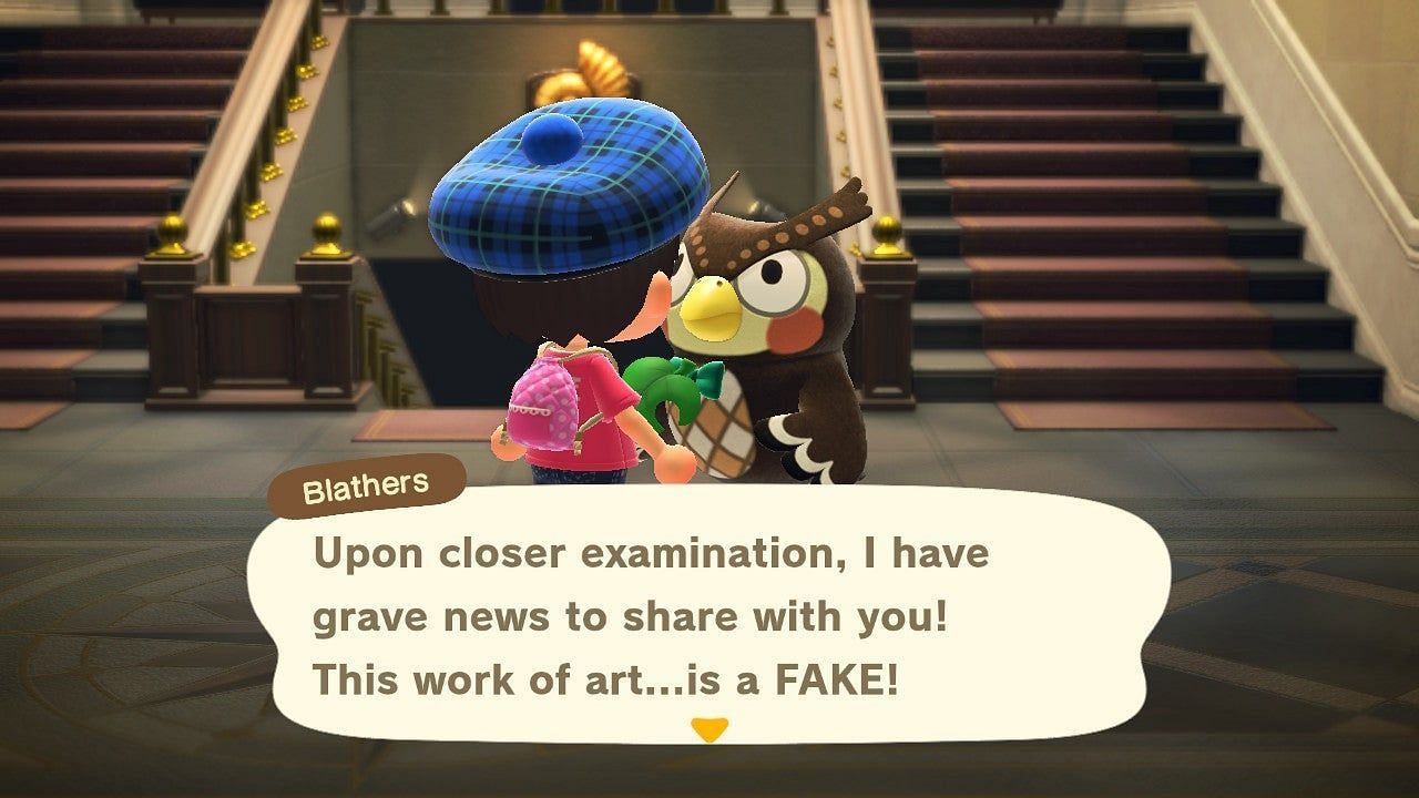 Blathers examines all pieces of art, so he will find the fakes (Image via Nintendo)