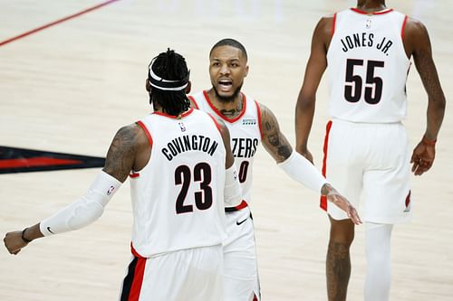 Robert Covington (#23) and Dame Lillard of the Portland Trail Blazers will face the Dallas Mavericks