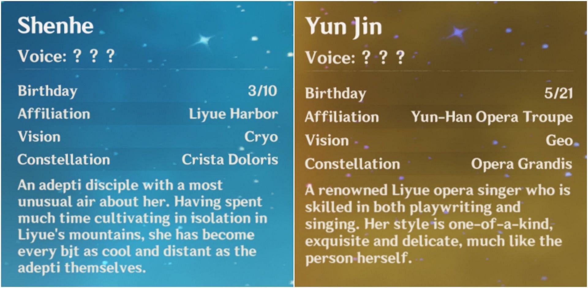 Yun Jin and Shenhe profile information (Image via Twitter/Yukikami_Kris)