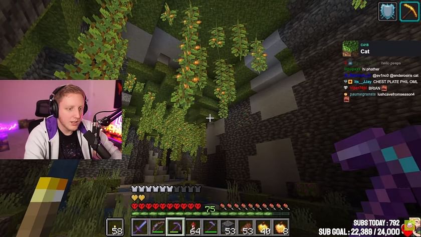 Minecraft streamer Ph1LzA explores lush caves in his hardcore world