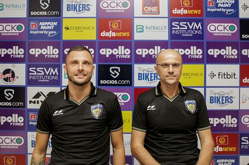 Chennaiyin FC Bozidar Bandovic and striker Kukasz Gikiewicz in the pre-match press conference ahead of Mumbai City FC match (Image Courtesy: Chennaiyin FC)