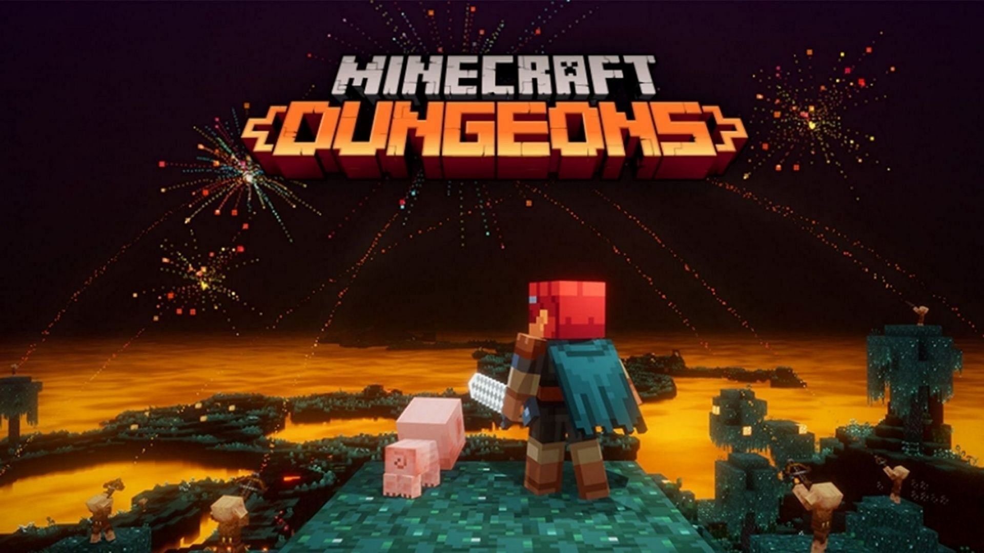The baby pig pet accompanies a hero in Minecraft Dungeons (Image via Mojang)