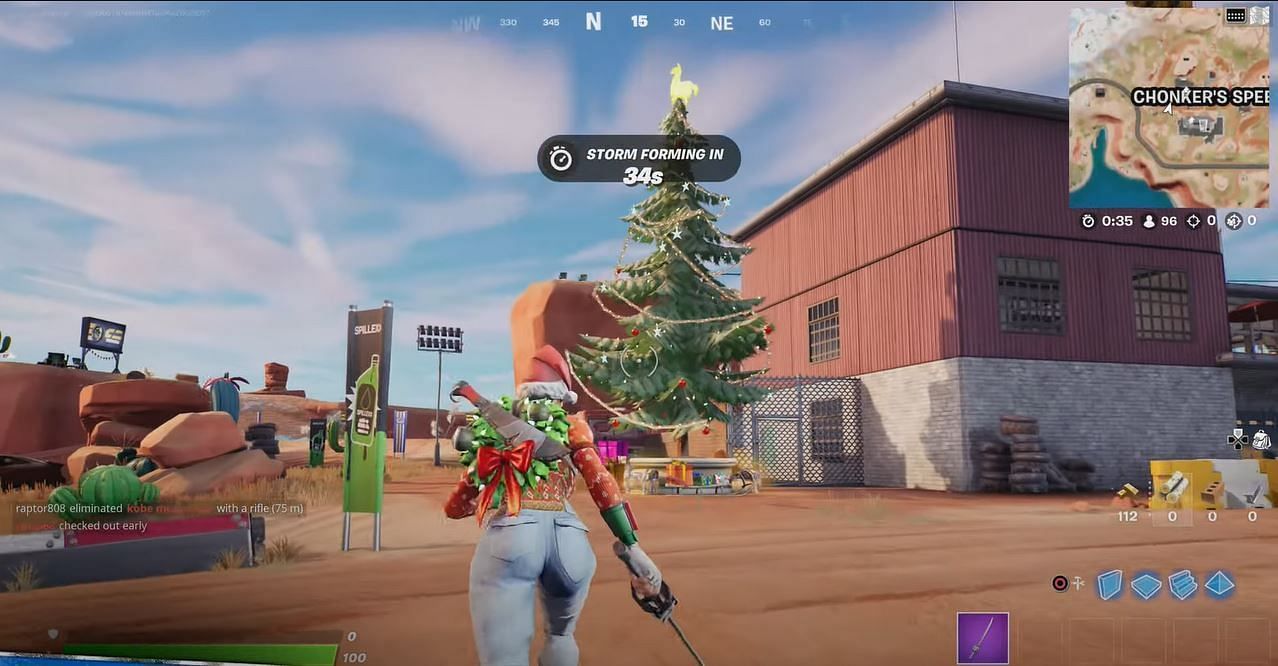 Search under a Christmas tree and complete easy Fortnite Winterfest 2021 challenge in Chapter 3 Season 1 (Image via YouTube/ HarryNinetyFour)