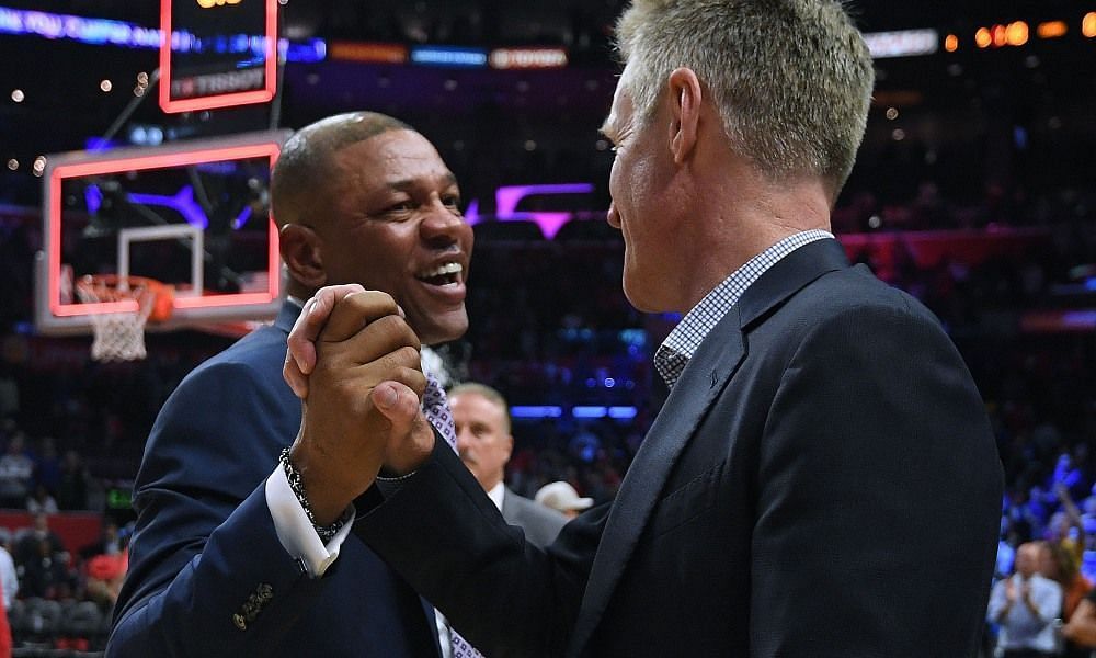 Golden State Warriors head coach Steve Kerr with Philadelphia 76ers head coach Doc Rivers [Source: USA Today]