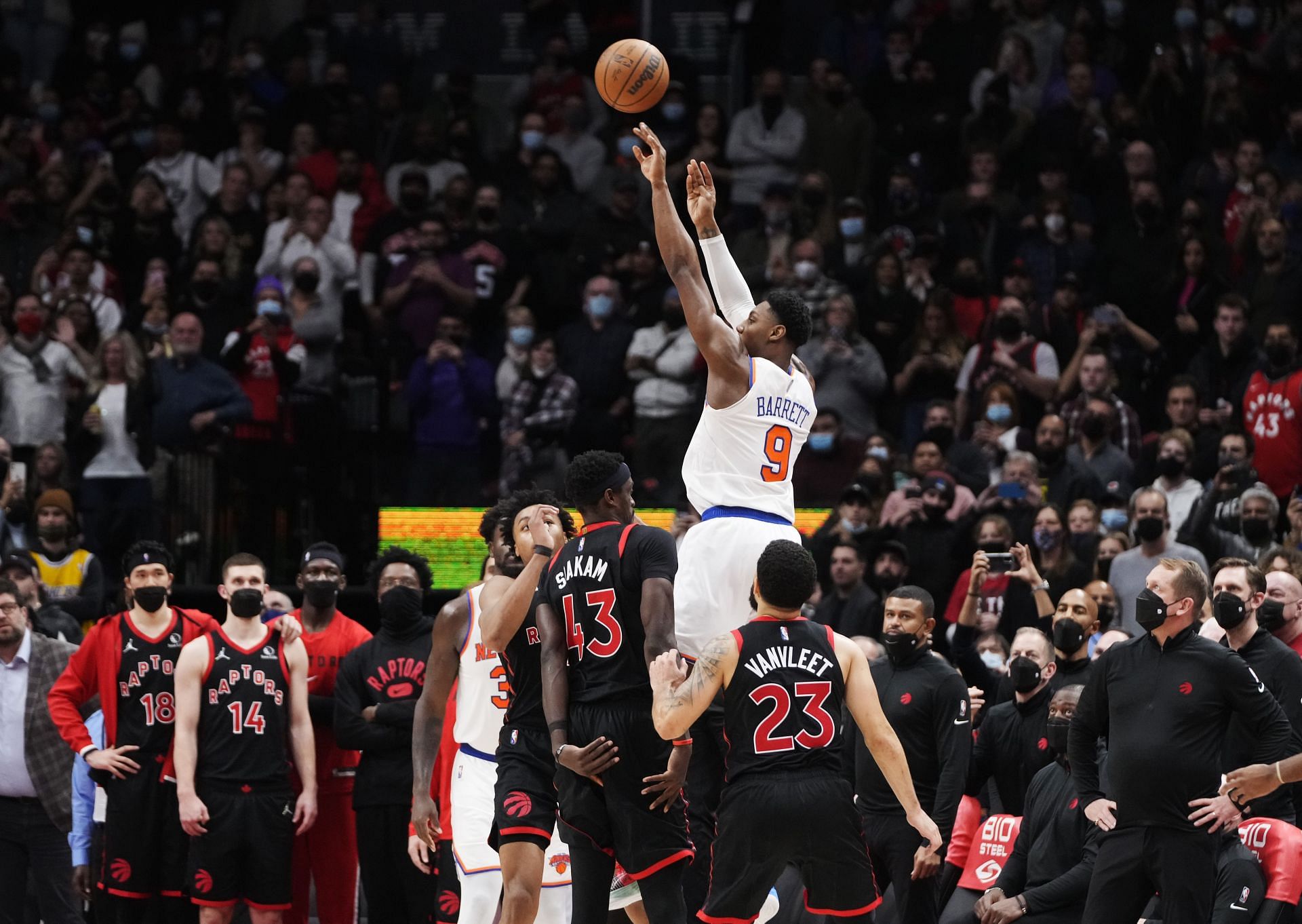 New York Knicks v Toronto Raptors; RJ Barrett pulls up for a 3-pointer in the final seconds of the game.