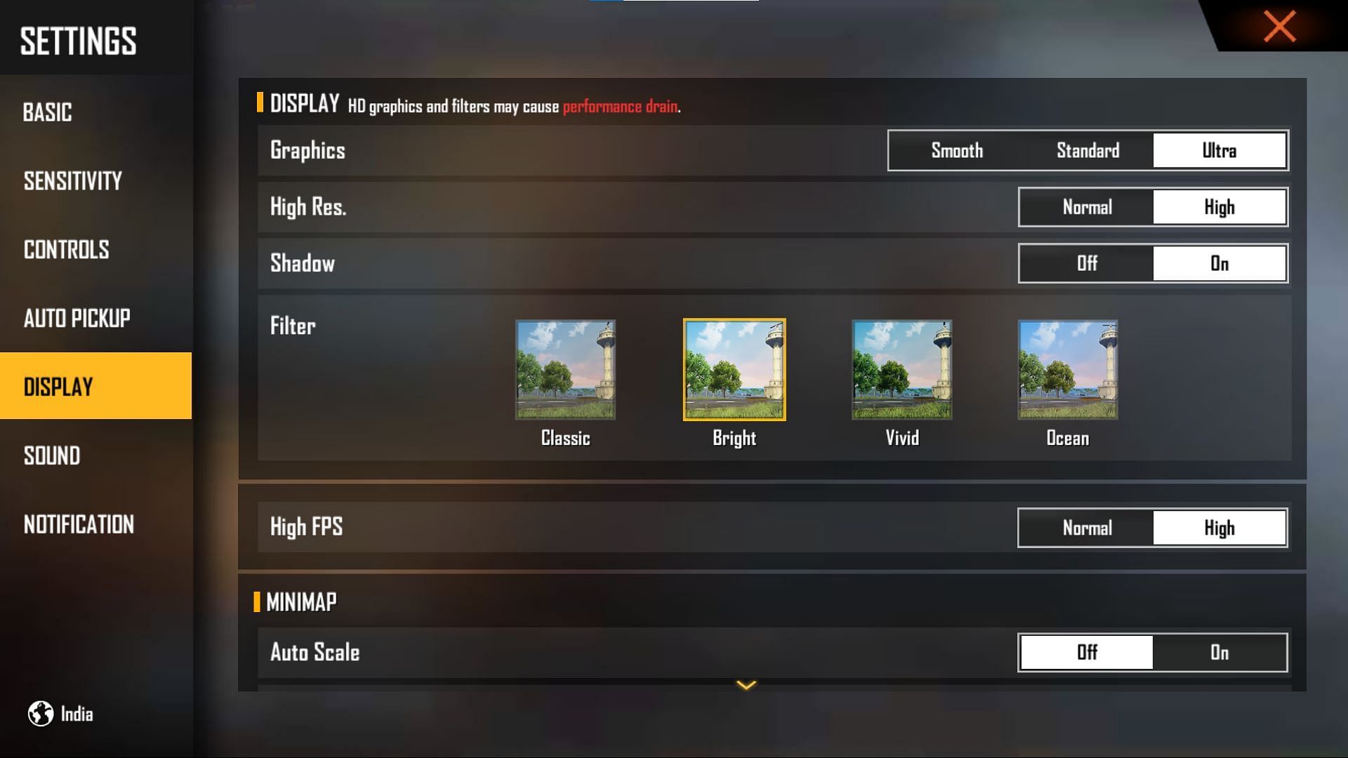 The display settings in-game (Image via Free Fire)